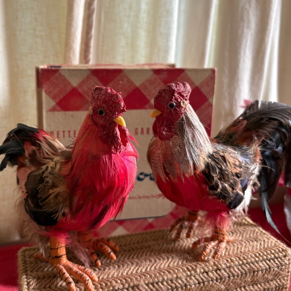 Vintage Handmade Feathered Chicken and Rooster - Picture 1 of 7